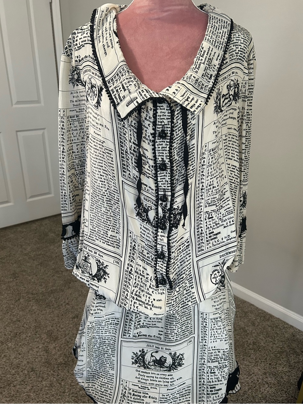 Women's Newspaper Print Tunic Top with Tie Neck - Black on Cream